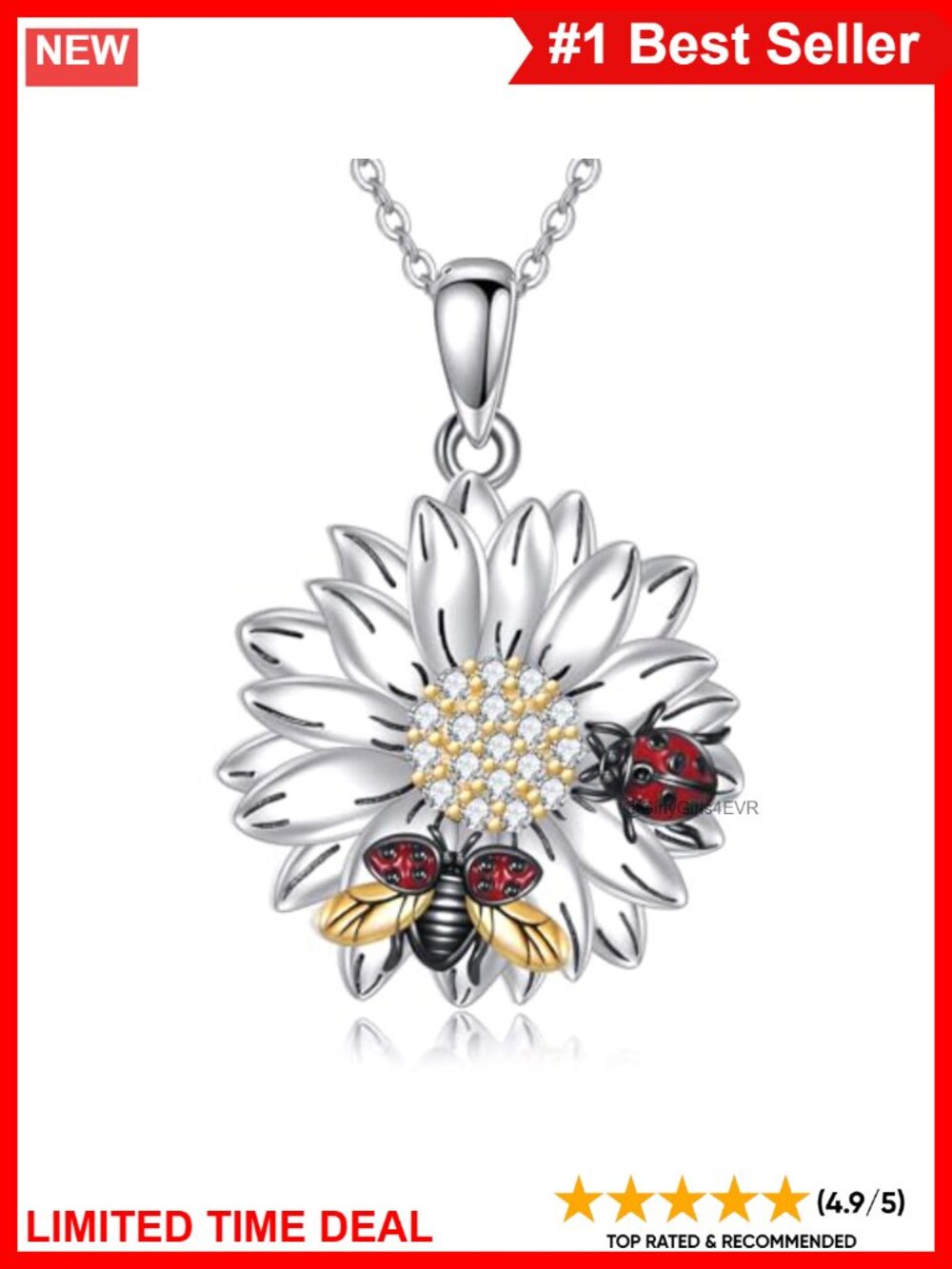 Ladybug Sunflower Pendant Necklace 925 Sterling Silver 20mm Adjustable 18-20"